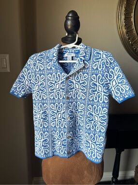 REISS Boys River Blue White Tile Pattern Knit Shirt 6-7Y NWOT